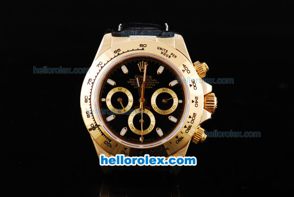Rolex Daytona Oyster Perpetual Chronometer Automatic Gold Case with Black Dial and White Marking-Leather Strap - Click Image to Close